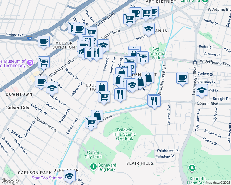 map of restaurants, bars, coffee shops, grocery stores, and more near 8567 Higuera Street in Culver City