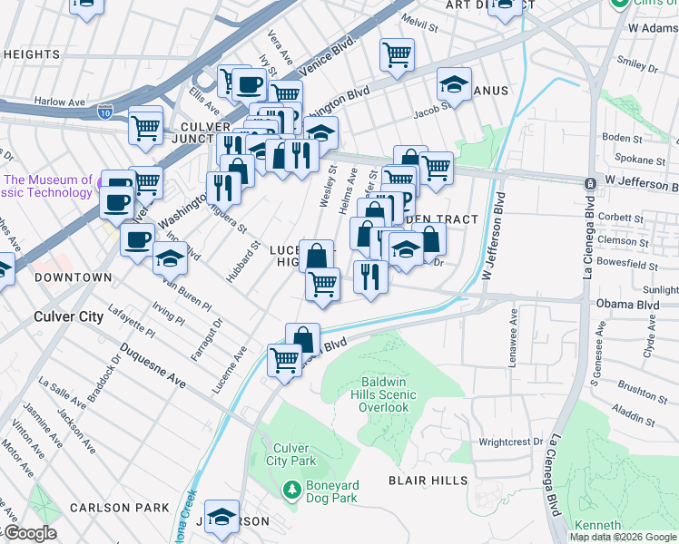 map of restaurants, bars, coffee shops, grocery stores, and more near 3648 Helms Avenue in Culver City