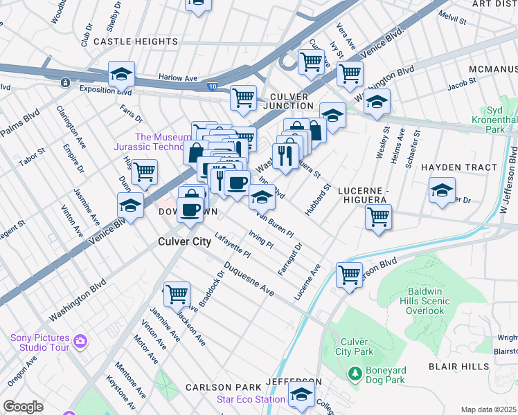 map of restaurants, bars, coffee shops, grocery stores, and more near 3962 Van Buren Place in Culver City