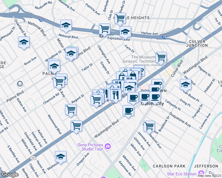 map of restaurants, bars, coffee shops, grocery stores, and more near 3742 Jasmine Avenue in Los Angeles