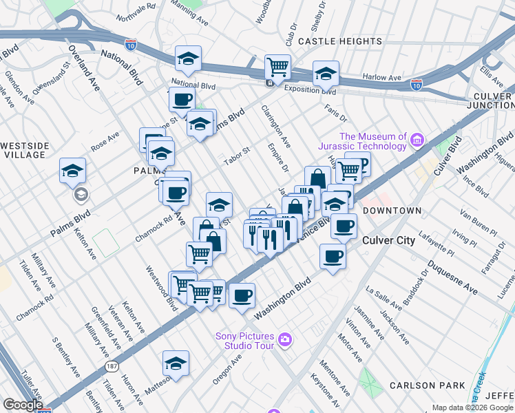 map of restaurants, bars, coffee shops, grocery stores, and more near 3690 Motor Avenue in Los Angeles