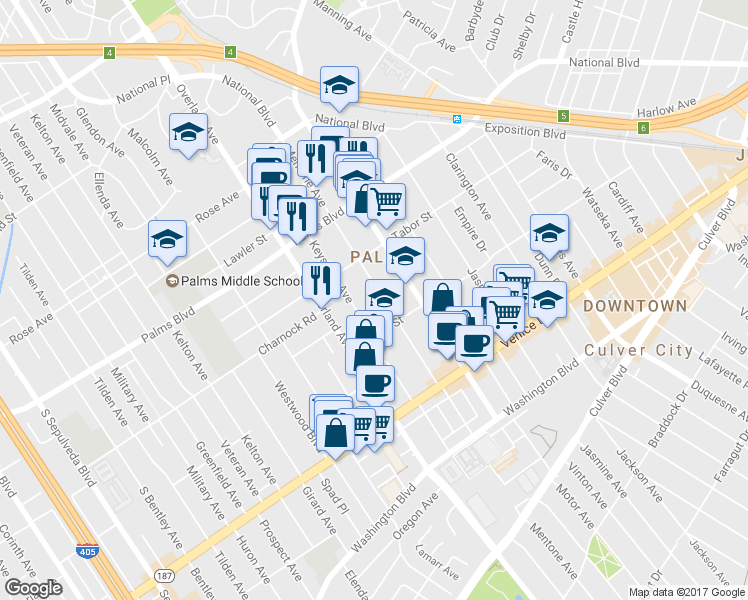 map of restaurants, bars, coffee shops, grocery stores, and more near 3636 Keystone Avenue in Los Angeles
