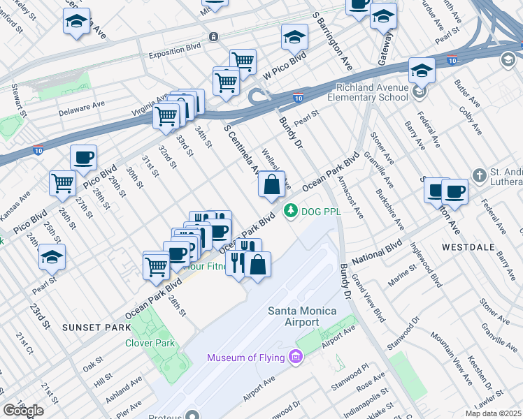 map of restaurants, bars, coffee shops, grocery stores, and more near 2664 34th Street in Santa Monica