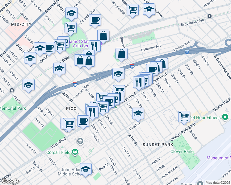 map of restaurants, bars, coffee shops, grocery stores, and more near 2345 Kansas Avenue in Santa Monica