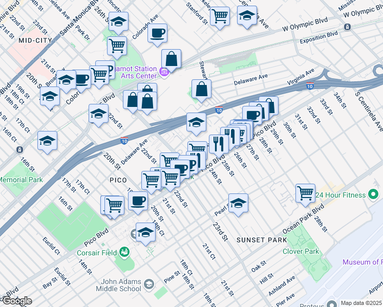 map of restaurants, bars, coffee shops, grocery stores, and more near 2345 Kansas Avenue in Santa Monica