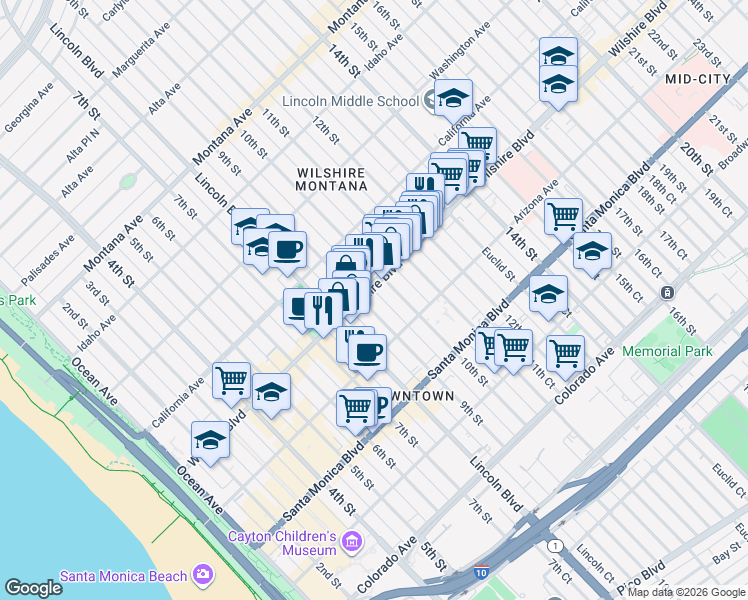 map of restaurants, bars, coffee shops, grocery stores, and more near in Santa Monica