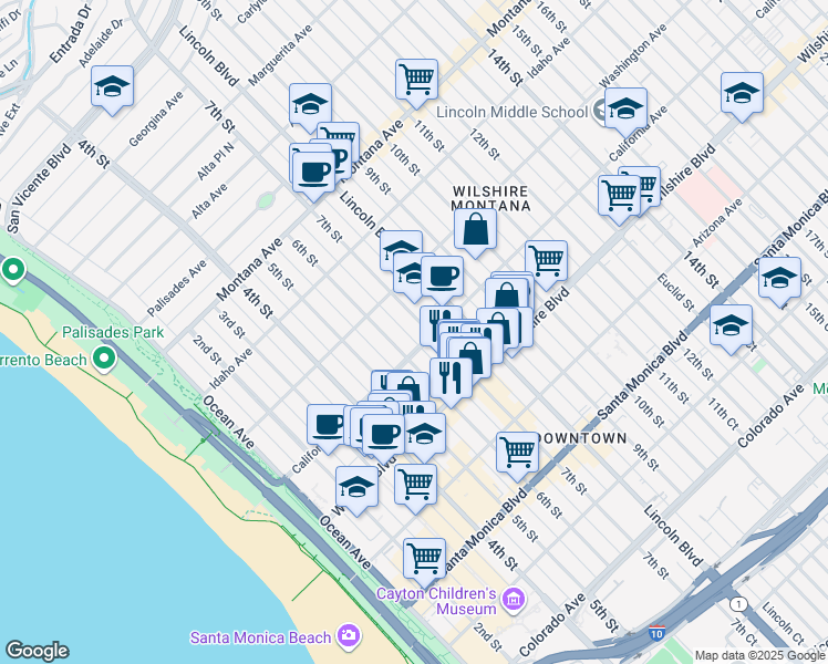 map of restaurants, bars, coffee shops, grocery stores, and more near 1033 6th Court in Santa Monica