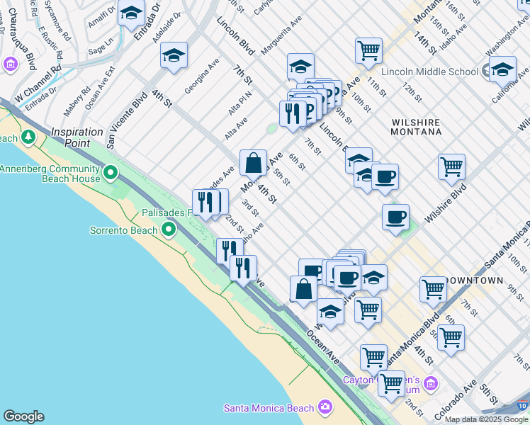 map of restaurants, bars, coffee shops, grocery stores, and more near 837 3rd Street in Santa Monica
