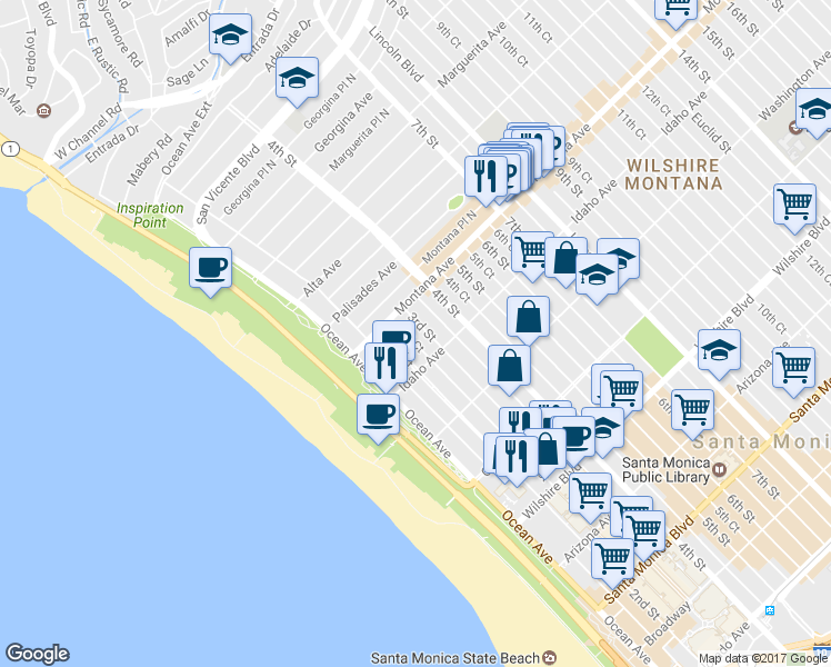 map of restaurants, bars, coffee shops, grocery stores, and more near 837 3rd Street in Santa Monica