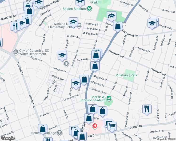 map of restaurants, bars, coffee shops, grocery stores, and more near 2223 Harper Street in Columbia