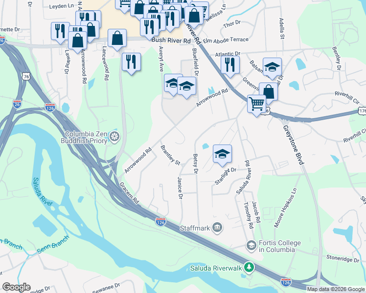 map of restaurants, bars, coffee shops, grocery stores, and more near 39 Greenbrook Court in Columbia