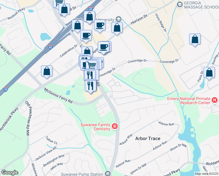 map of restaurants, bars, coffee shops, grocery stores, and more near 2827 Gower Way in Suwanee