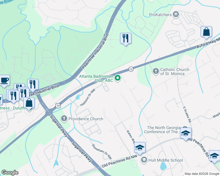 map of restaurants, bars, coffee shops, grocery stores, and more near 3665 Postwaite Circle Northwest in Duluth