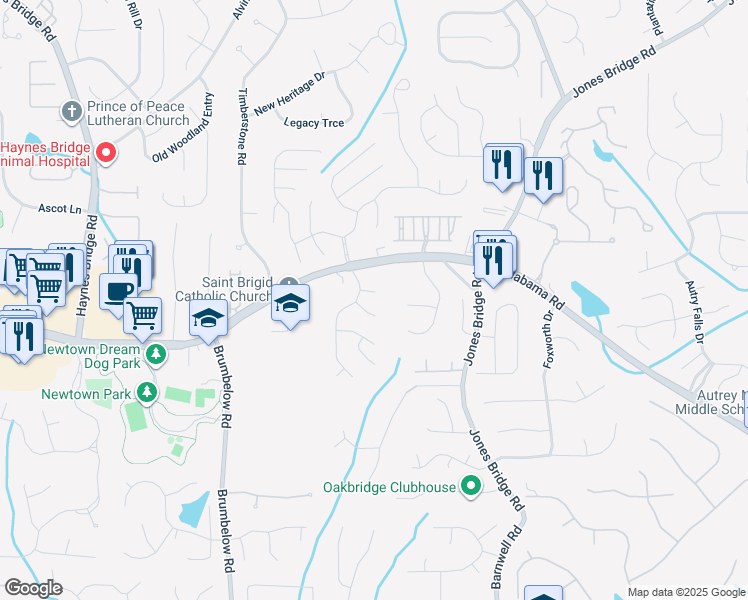 map of restaurants, bars, coffee shops, grocery stores, and more near 125 Preston Oaks Drive in Alpharetta