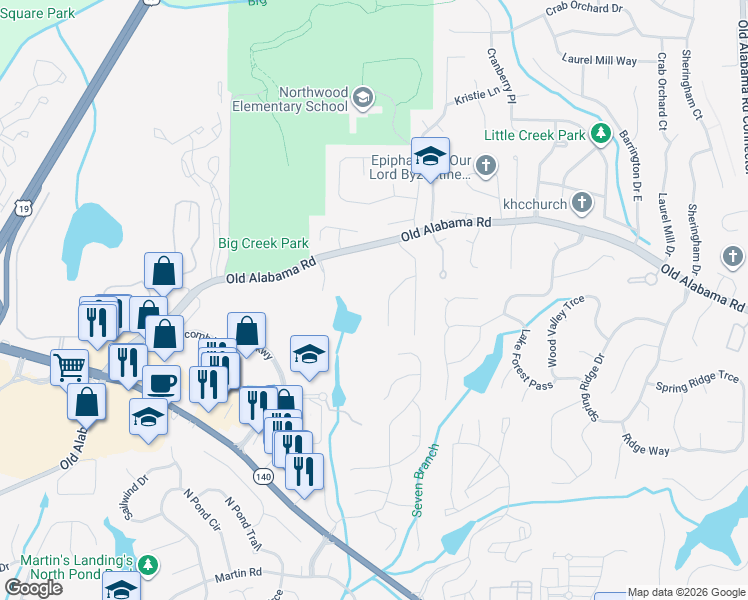 map of restaurants, bars, coffee shops, grocery stores, and more near 155 Ansley Court in Roswell