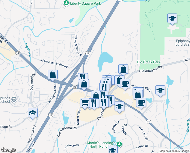 map of restaurants, bars, coffee shops, grocery stores, and more near 1400 Holcomb Bridge Road in Roswell
