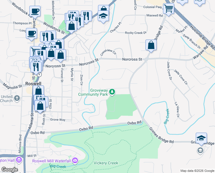 map of restaurants, bars, coffee shops, grocery stores, and more near 310 Meadowood Drive in Roswell