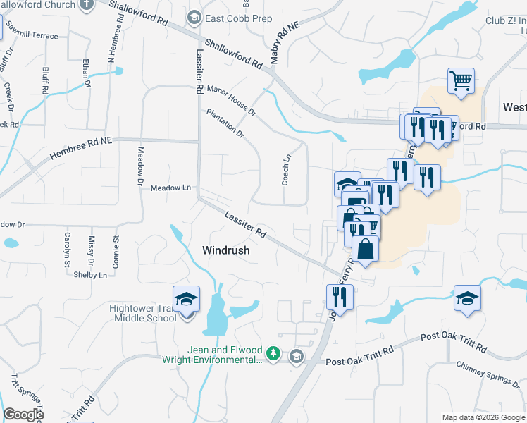 map of restaurants, bars, coffee shops, grocery stores, and more near 4211 Manor House Drive in Marietta