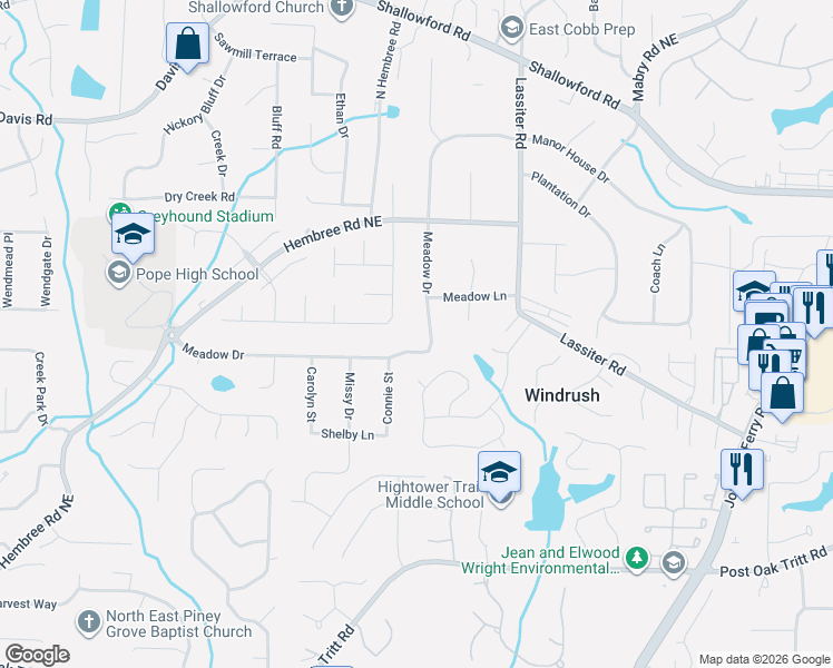 map of restaurants, bars, coffee shops, grocery stores, and more near 3009 Meadow Drive in Marietta