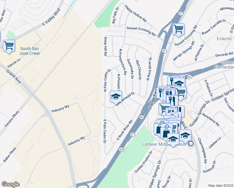map of restaurants, bars, coffee shops, grocery stores, and more near 131 North Pintado Drive in Diamond Bar
