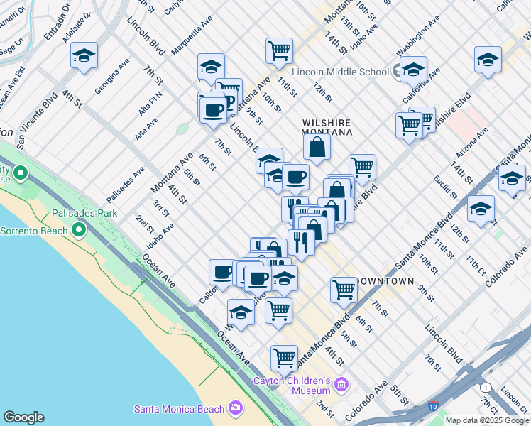map of restaurants, bars, coffee shops, grocery stores, and more near 1033 6th Street in Santa Monica