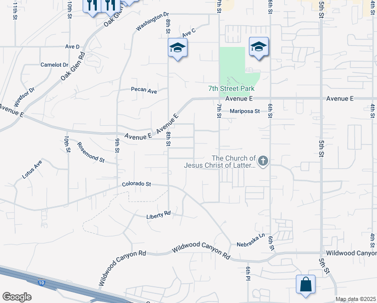 map of restaurants, bars, coffee shops, grocery stores, and more near 33787 Noreen Lane in Yucaipa