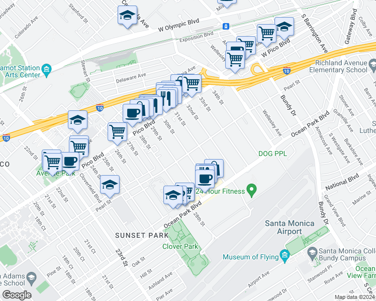 map of restaurants, bars, coffee shops, grocery stores, and more near 3001 Pearl Street in Santa Monica