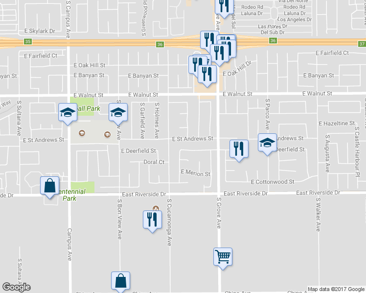 map of restaurants, bars, coffee shops, grocery stores, and more near 1119 East Deerfield Street in Ontario