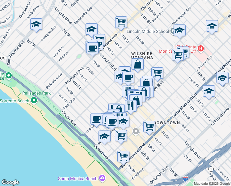map of restaurants, bars, coffee shops, grocery stores, and more near 1033 6th Street in Santa Monica