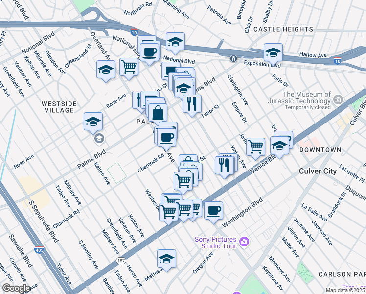 map of restaurants, bars, coffee shops, grocery stores, and more near 3636 Keystone Avenue in Los Angeles