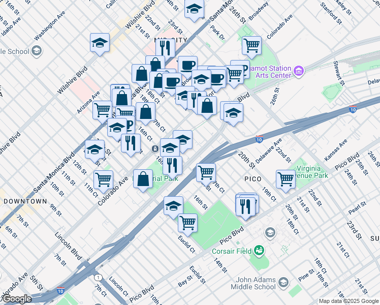 map of restaurants, bars, coffee shops, grocery stores, and more near 1749 Olympic Boulevard in Santa Monica