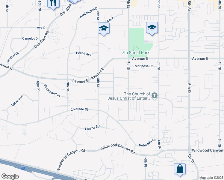 map of restaurants, bars, coffee shops, grocery stores, and more near 33787 Noreen Lane in Yucaipa