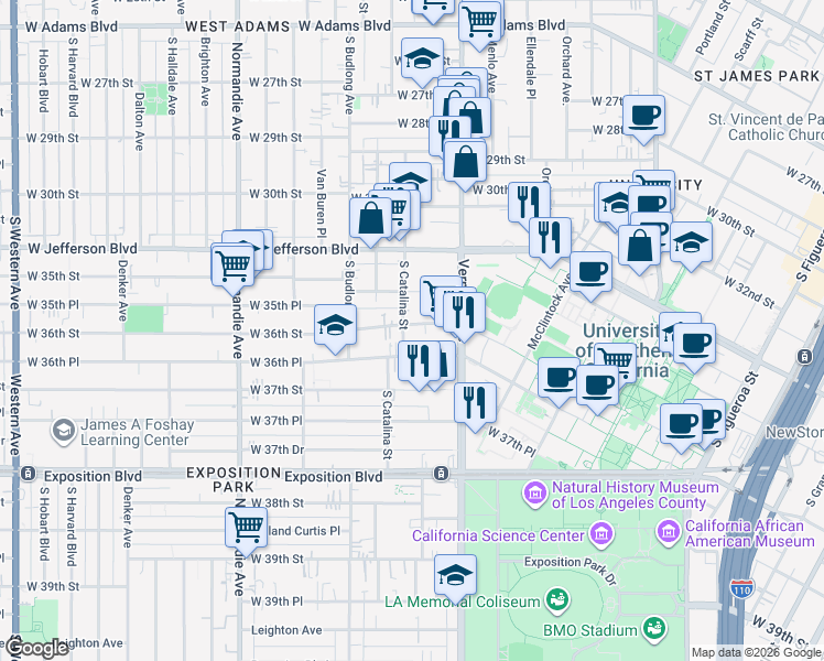 map of restaurants, bars, coffee shops, grocery stores, and more near 1168 West 36th Place in Los Angeles