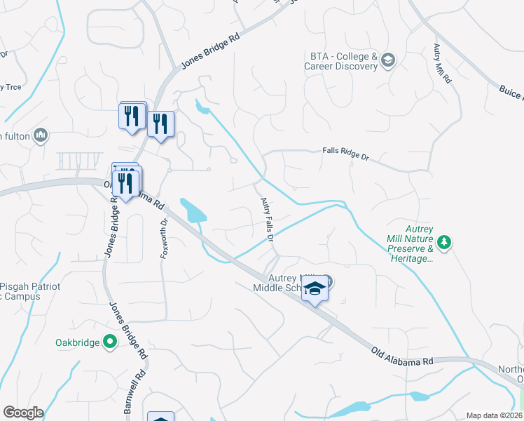 map of restaurants, bars, coffee shops, grocery stores, and more near 9870 Autry Falls Drive in Alpharetta