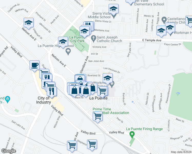 map of restaurants, bars, coffee shops, grocery stores, and more near 15900 Rowland Street in La Puente
