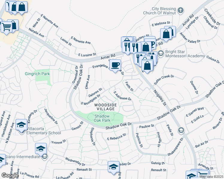 map of restaurants, bars, coffee shops, grocery stores, and more near 3007 South Adrienne Drive in West Covina