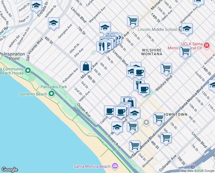 map of restaurants, bars, coffee shops, grocery stores, and more near in Santa Monica