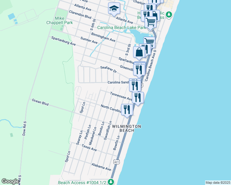 map of restaurants, bars, coffee shops, grocery stores, and more near 404 Tennessee Avenue in Carolina Beach