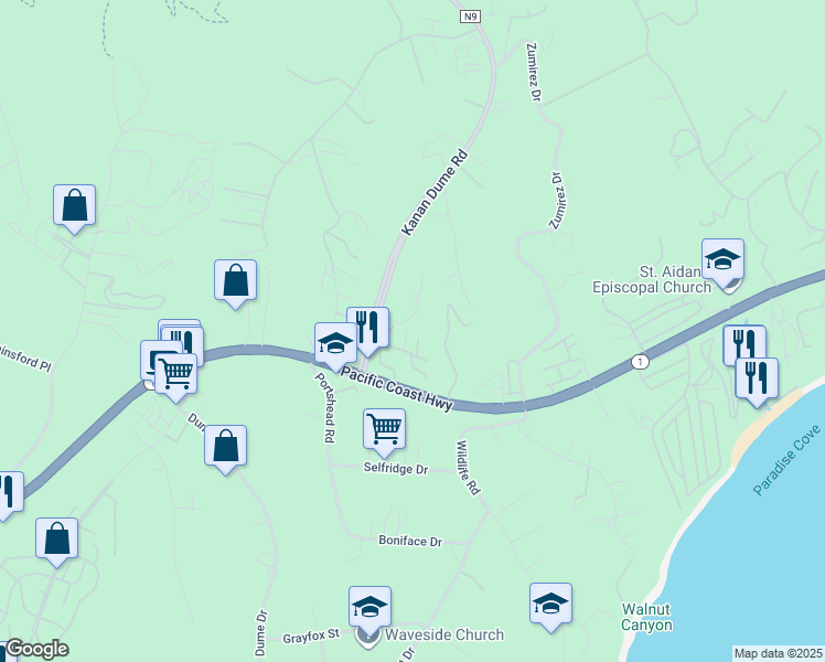 map of restaurants, bars, coffee shops, grocery stores, and more near 28929 Wight Road in Malibu