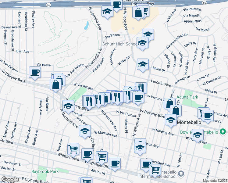 map of restaurants, bars, coffee shops, grocery stores, and more near 2420 West Via Lucia in Montebello