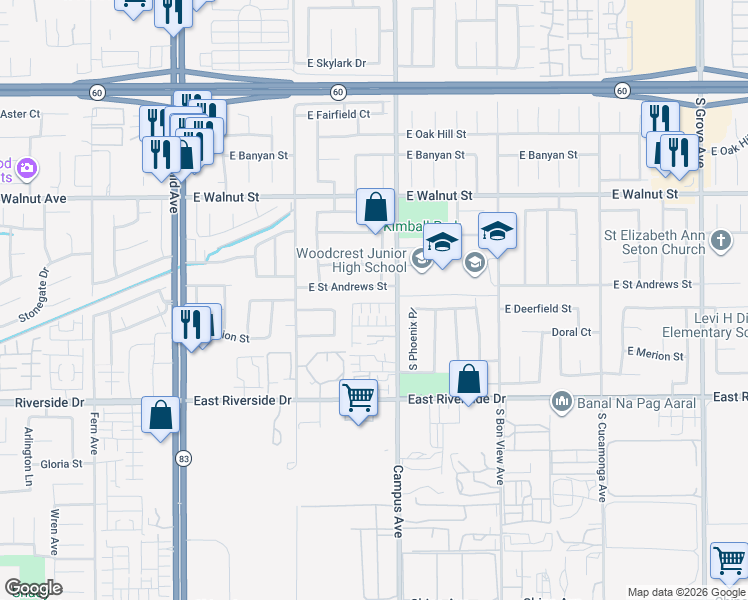 map of restaurants, bars, coffee shops, grocery stores, and more near 649 East Madeleine Privado in Ontario