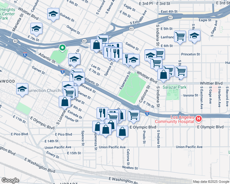 map of restaurants, bars, coffee shops, grocery stores, and more near 3567 Atlantic Street in Los Angeles