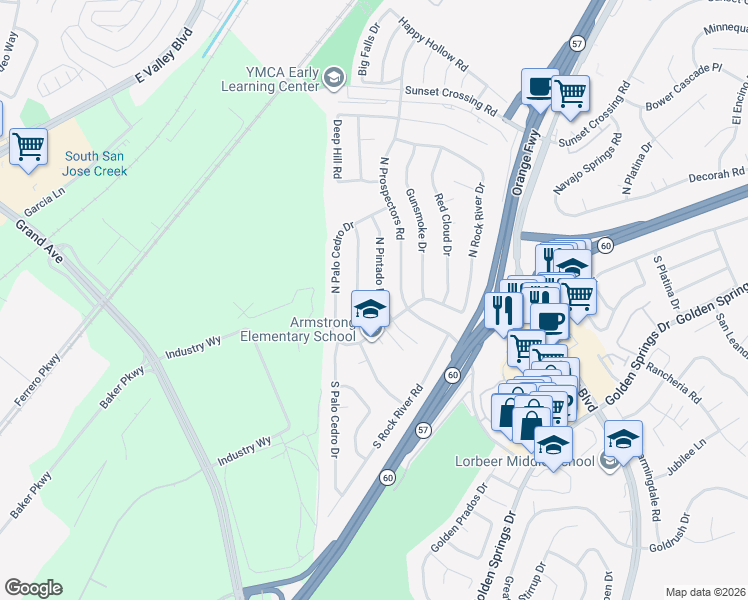 map of restaurants, bars, coffee shops, grocery stores, and more near 131 North Pintado Drive in Diamond Bar