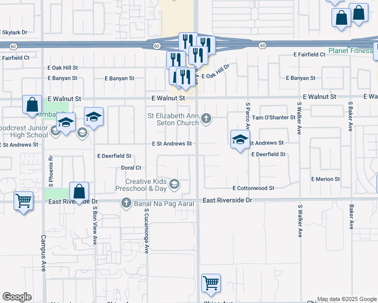 map of restaurants, bars, coffee shops, grocery stores, and more near 1187 East Deerfield Street in Ontario
