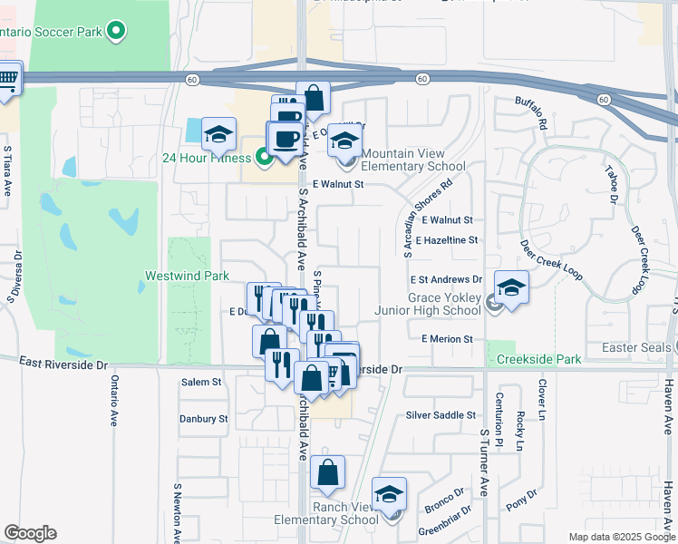 map of restaurants, bars, coffee shops, grocery stores, and more near 2762 East Saint Andrews Street in Ontario