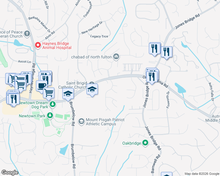 map of restaurants, bars, coffee shops, grocery stores, and more near 135 Preston Oaks Drive in Alpharetta