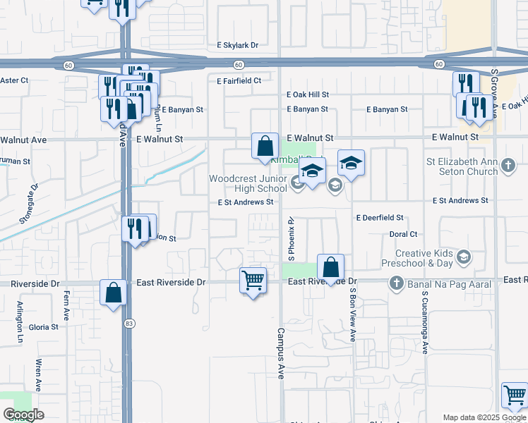 map of restaurants, bars, coffee shops, grocery stores, and more near 649 East Madeleine Privado in Ontario
