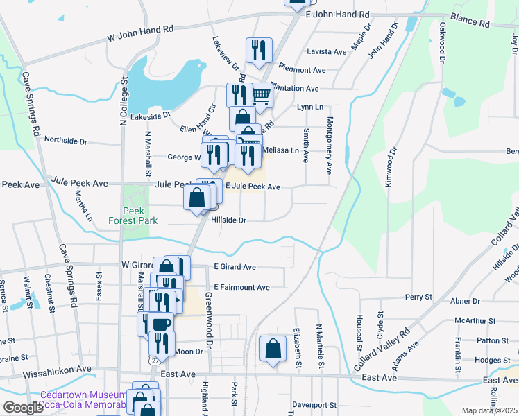 map of restaurants, bars, coffee shops, grocery stores, and more near 621 Parkwood Lane in Cedartown