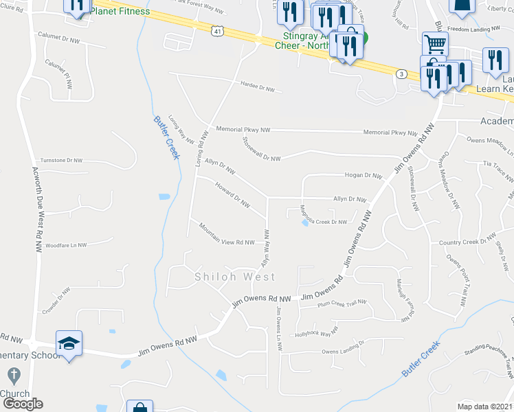 map of restaurants, bars, coffee shops, grocery stores, and more near 3808 Howard Drive Northwest in Kennesaw