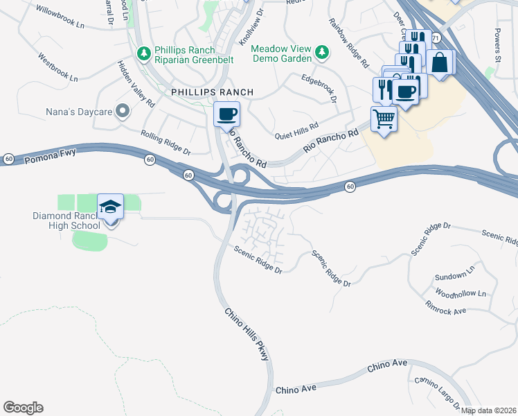map of restaurants, bars, coffee shops, grocery stores, and more near 8 Rock Cliff Place in Pomona